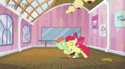 Size: 854x470 | Tagged: dead source, safe, screencap, apple bloom, ballet jubilee, berry star, shining passion, shuffle step, strawberry swing, waltzer, earth pony, pony, g4, on your marks, animated, dance studio, dancing, dizzy, female, gif, spinning
