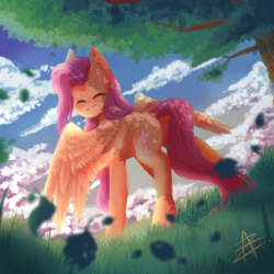 Size: 2000x2000 | Tagged: safe, artist:myralilth, fluttershy, pegasus, pony, g4, cloud, eyes closed, female, grass, high res, looking back, mare, sky, smiling, solo, tree