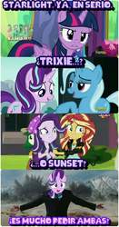 Size: 753x1440 | Tagged: safe, edit, edited screencap, screencap, starlight glimmer, sunset shimmer, trixie, twilight sparkle, alicorn, pony, equestria girls, equestria girls specials, g4, my little pony equestria girls: mirror magic, no second prances, iron man, screencap comic, spanish, translated in the comments, twilight sparkle (alicorn)