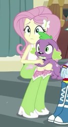 Size: 234x432 | Tagged: safe, screencap, fluttershy, spike, spike the regular dog, dog, equestria girls, equestria girls specials, g4, my little pony equestria girls: dance magic, boots, clothes, female, offscreen character, puppy, skirt, socks, striped socks