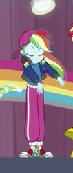 Size: 182x430 | Tagged: safe, screencap, rainbow dash, sunset shimmer, equestria girls, equestria girls specials, g4, my little pony equestria girls: dance magic, cap, clothes, converse, cropped, eyes closed, female, hat, hip hop, jacket, outfit, pants, rapper dash, shoes, sneakers, solo focus