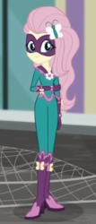 Size: 183x427 | Tagged: safe, screencap, fluttershy, saddle rager, butterfly, equestria girls, equestria girls specials, g4, my little pony equestria girls: movie magic, boots, clothes, costume, cropped, female, gloves, legs, looking at you, net, pictures of legs, power ponies, shoes, solo