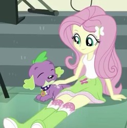Size: 368x371 | Tagged: safe, screencap, fluttershy, spike, spike the regular dog, dog, equestria girls, equestria girls specials, g4, my little pony equestria girls: dance magic, boots, clothes, cute, eyes closed, female, male, skirt, smiling