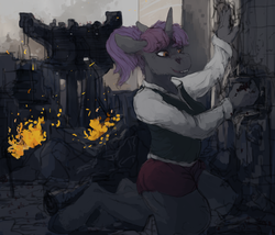 Size: 3500x3000 | Tagged: safe, artist:celestiawept, oc, oc only, oc:giun uni, unicorn, anthro, unguligrade anthro, building, city, clothes, commission, destruction, female, giantess, high res, looking at something, macro, mare, skirt