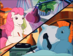 Size: 704x544 | Tagged: safe, screencap, sweetheart, teddy, earth pony, pony, bon bon's diary, g1, my little pony tales, animated, bed, dexterous hooves, drafting board, drawing table, eating, female, gif, hiding the evidence, male, phone, talking, teddy bear, wat, you know for kids