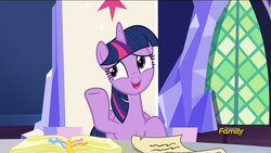 Size: 2560x1440 | Tagged: safe, screencap, twilight sparkle, alicorn, pony, g4, not asking for trouble, book, bookmark, cutie mark, discovery family, discovery family logo, female, friendship throne, mare, scroll, solo, throne, twilight sparkle (alicorn), twilight's castle