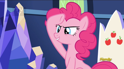 Size: 2560x1440 | Tagged: safe, screencap, pinkie pie, earth pony, pony, g4, not asking for trouble, cutie mark, discovery family, discovery family logo, female, friendship throne, salute, solo, twilight's castle