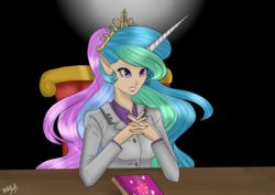 Size: 1024x726 | Tagged: dead source, safe, artist:mdeltar, princess celestia, human, g4, book, chair, clothes, elf ears, female, gradient background, horn, horned humanization, humanized, nail polish, solo, suit