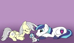 Size: 1280x736 | Tagged: safe, artist:linedraweer, shining armor, oc, oc:melody, oc:silver, pegasus, pony, unicorn, g4, alternate universe, baby, baby pony, canon x oc, commission, female, foal, gradient background, male, mare, offspring, parent:oc:silver, parent:shining armor, parents:canon x oc, prone, shipping, stallion, straight