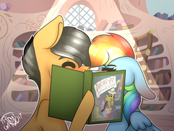 Size: 1024x768 | Tagged: safe, artist:velvetyvictory, daring do, quibble pants, rainbow dash, pony, g4, book, bookshelf, eyes closed, floppy ears, golden oaks library, implied kissing, kissing, library, male, ship:quibbledash, shipping, straight