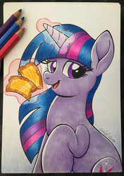 Size: 700x995 | Tagged: safe, artist:littlehybridshila, twilight sparkle, pony, unicorn, g4, the ticket master, female, gala ticket, magic, magic aura, mare, markers, pencil, pencil drawing, raised hoof, sitting, smiling, solo, telekinesis, ticket, traditional art, unicorn twilight