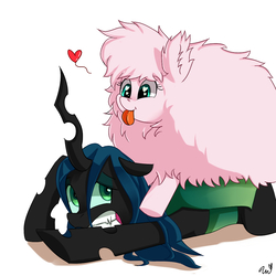 Size: 900x900 | Tagged: safe, artist:passigcamel, queen chrysalis, oc, oc:fluffle puff, changeling, changeling queen, pony, g4, duo, female, heart eyes, mare, simple background, tongue out, wingding eyes