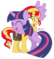 Size: 875x945 | Tagged: safe, artist:dm29, sunset shimmer, twilight sparkle, alicorn, pony, unicorn, equestria girls, g4, cute, duo, female, hug, shimmerbetes, simple background, transparent background, twiabetes, twilight sparkle (alicorn), vector