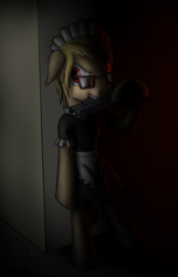 Size: 1043x1615 | Tagged: safe, artist:panzerhi, oc, oc only, earth pony, pony, bipedal, biting, clothes, darkness, female, glasses, gun, hiding, maid, mare, weapon
