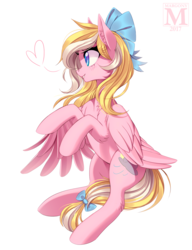 Size: 1074x1400 | Tagged: safe, artist:margony, oc, oc only, oc:bay breeze, pegasus, pony, bow, female, hair bow, mare, simple background, smiling, solo, white background