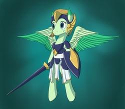 Size: 1960x1710 | Tagged: safe, artist:panzerhi, oc, oc only, pegasus, pony, armor, female, freckles, helmet, mare, shield, solo, spear, weapon