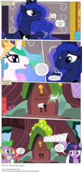 Size: 3300x6983 | Tagged: safe, artist:perfectblue97, princess celestia, princess luna, spike, twilight sparkle, alicorn, dragon, earth pony, pony, comic:without magic, g4, absurd resolution, blank flank, canterlot castle, comic, earth pony twilight, fart, fart joke, golden oaks library, toilet humor