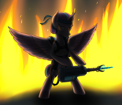 Size: 2100x1805 | Tagged: safe, artist:panzerhi, princess flurry heart, pony, g4, backpack, badass, bandana, bipedal, female, fire, solo, standing, weapon