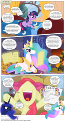 Size: 3300x6140 | Tagged: safe, artist:perfectblue97, apple bloom, princess celestia, princess luna, scootaloo, twilight sparkle, alicorn, earth pony, pony, comic:without magic, g4, absurd resolution, bandage, bandaid, bed, blank flank, burger, canterlot castle, comic, document, earth pony twilight, fireplace, food, glowing, glowing horn, golden oaks library, hay burger, horn, list, magic, pillow, pointy ponies, report, slendermane, telekinesis, this will not end well