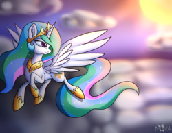 Size: 1800x1400 | Tagged: safe, artist:novaspark, princess celestia, pony, g4, cloud, female, flying, solo, sun, wings