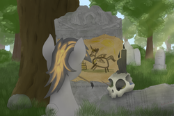 Size: 4500x3000 | Tagged: safe, artist:rautaketju13, princess celestia, oc, oc:smokey debt, pony, g4, castling, drawing, forest, gravestone, high res, implied death, skull, solo