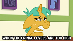 Size: 640x360 | Tagged: safe, edit, edited screencap, screencap, snails, pony, unicorn, g4, the cart before the ponies, caption, faic, image macro, male, meme, ponyville schoolhouse, school, solo, ugly