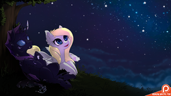 Size: 1200x675 | Tagged: safe, artist:arctic-fox, oc, oc only, oc:phobos, changeling, pegasus, pony, changeling oc, duo, fangs, female, looking up, mare, night, night sky, patreon, patreon logo, prone, sky, smiling, stars, tree