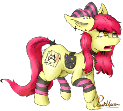 Size: 1849x1671 | Tagged: safe, artist:ruby dusk, apple bloom, earth pony, pony, g4, collar, ear piercing, earring, female, goth, jewelry, leg warmers, mare, open mouth, piercing, saddle bag, simple background, solo, transparent background