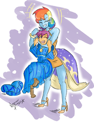 Size: 1346x1763 | Tagged: safe, artist:nayaasebeleguii, rainbow dash, scootaloo, equestria girls, for whom the sweetie belle toils, g4, make new friends but keep discord, chokehold, clothes, dress, gala dress, high heels, noogie, rainbow dash always dresses in style, scootalove