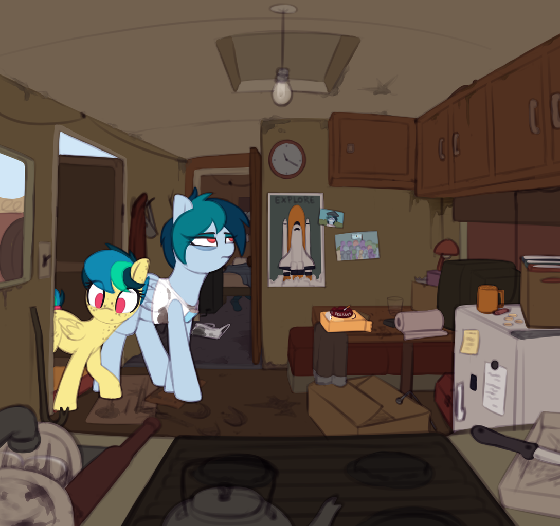 #1465940 - artist:shinodage, bags under eyes, clothes, delta vee's junkyard,  ear freckles, female, freckles, mare, no pupils, oc, oc:apogee, oc:delta  vee, ...