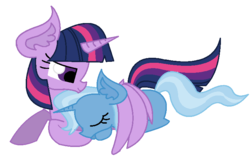 Size: 748x476 | Tagged: safe, artist:kaatseye, trixie, twilight sparkle, alicorn, pony, unicorn, g4, female, lesbian, mare, ship:twixie, shipping, simple background, transparent background, twilight sparkle (alicorn), wing blanket