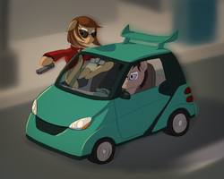 Size: 1800x1440 | Tagged: safe, artist:panzerhi, oc, oc only, earth pony, pony, action pose, car, clothes, glasses, gun, jacket, smart car, smart fortwo, sunglasses, weapon