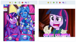 Size: 436x240 | Tagged: safe, trixie, twilight sparkle, anthro, derpibooru, equestria girls, g4, female, juxtaposition, lesbian, meta, reaction image, ship:twixie, shipping