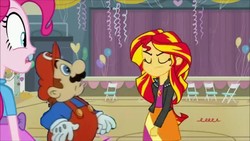 Size: 1280x720 | Tagged: safe, artist:mariopiequevedod, edit, edited screencap, screencap, pinkie pie, sunset shimmer, equestria girls, g4, crossover, dic, male, mario, nintendo, super mario bros., super mario bros. 3, the adventures of super mario bros. 3, the super mario bros. super show!