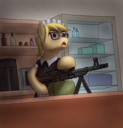 Size: 1458x1513 | Tagged: safe, artist:panzerhi, oc, oc only, earth pony, pony, bar, clothes, context is for the weak, female, glasses, gun, machine gun, maid, mare, pkm, pub, solo, weapon