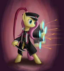 Size: 1990x2200 | Tagged: safe, artist:panzerhi, fluttershy, pony, g4, bipedal, bullet, cap, female, hard clothes, hat, motion blur, saber, solo, standing, weapon