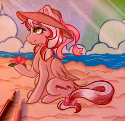 Size: 3001x2900 | Tagged: safe, artist:emberslament, oc, oc only, oc:cherry blossom, pegasus, pony, beach, female, flower, hat, high res, mare, sitting, solo