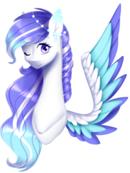 Size: 908x1199 | Tagged: safe, artist:clefficia, oc, oc only, oc:starry, pegasus, pony, colored wings, female, mare, multicolored wings, one eye closed, simple background, solo, transparent background, wink