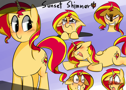 Size: 1400x1000 | Tagged: safe, artist:zouyugi, sunset shimmer, pony, unicorn, g4, blushing, crying, cute, drool, expressions, female, floppy ears, frown, grin, majestic as fuck, mare, nervous, open mouth, prone, shimmerbetes, sleeping, smiling, solo, sweat, wide eyes