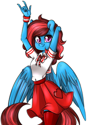 Size: 885x1221 | Tagged: safe, artist:laity, oc, oc only, oc:lucid heart, pegasus, anthro, clothes, cute, cutie mark on clothes, devil horn (gesture), female, heart eyes, school uniform, schoolgirl, skirt, skirt lift, solo, stockings, thigh highs, wingding eyes, wings, ych result