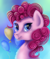 Size: 985x1164 | Tagged: dead source, safe, artist:ellen124, pinkie pie, earth pony, pony, g4, chest fluff, cutie mark background, female, mare, smiling, solo