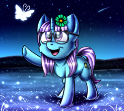 Size: 1000x900 | Tagged: safe, artist:kinky_spy, oc, oc only, oc:lemon code, butterfly, pony, unicorn, comet, female, flower, flower in hair, glasses, night, outdoors, solo, ych result