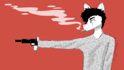 Size: 1920x1080 | Tagged: safe, artist:itzdatag0ndray, oc, oc only, anthro, clothes, ear fluff, gun, handgun, long sleeves, male, pistol, red background, scar, simple background, smoking, solo, suppressor, weapon