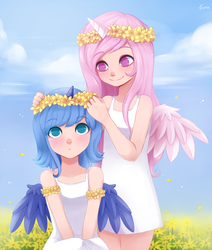 Size: 900x1061 | Tagged: safe, artist:exceru-karina, princess celestia, princess luna, human, g4, cewestia, duo, female, filly, floral head wreath, flower, horn, horned humanization, humanized, no pupils, pink-mane celestia, royal sisters, sisters, smiling, winged humanization, wings, woona, younger