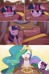 Size: 2000x3000 | Tagged: dead source, safe, artist:verawitch, princess celestia, twilight sparkle, alicorn, pony, g4, bed, blushing, breakfast in bed, comic, dialogue, fairandfaithful, female, food, high res, lesbian, morning ponies, nuzzling, pancakes, ship:twilestia, shipping, sleeping, twilight sparkle (alicorn), zzz