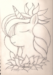 Size: 1568x2213 | Tagged: safe, artist:silversthreads, oc, oc only, oc:tidal charm, original species, pony, unicorn, aqua pony, female, filly, flower, flower in hair, lotus (flower), sketch, solo, traditional art
