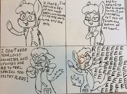 Size: 960x716 | Tagged: safe, artist:unreliable narrator, oc, oc only, oc:noir avery gumshoe, pony, angry, bipedal, clothes, comic, derp, dialogue, flailing, floppy ears, lidded eyes, looking at you, open mouth, reeee, simple background, smiling, solo, talking to viewer, thanks, traditional art, trenchcoat, waving, white background, whiteboard