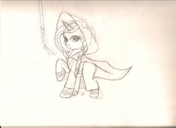 Size: 2333x1696 | Tagged: safe, artist:silversthreads, oc, oc only, oc:silverthread, pony, unicorn, cloak, clothes, crossover, jedi, jedi knight, lightsaber, sketch, solo, star wars, traditional art, weapon