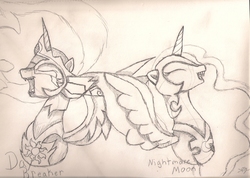 Size: 2330x1658 | Tagged: safe, artist:silversthreads, daybreaker, nightmare moon, alicorn, pony, a royal problem, g4, daily sketch, evil laugh, sketch, traditional art