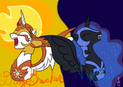 Size: 2330x1658 | Tagged: safe, artist:silversthreads, daybreaker, nightmare moon, alicorn, pony, a royal problem, g4, digital art, evil laugh, simple background